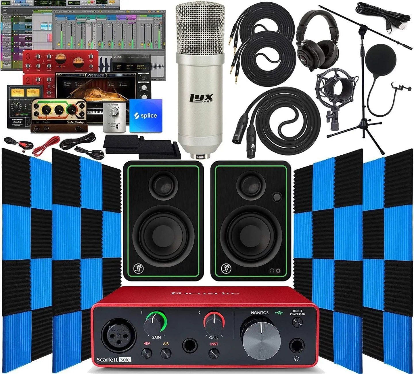 Focusrite Scarlett Solo 2x2 USB Audio Interface with Creative Music Software Kit with Mackie CR5-X Pair Studio Monitors, 24 Pack Acoustic Soundproof Studio Foam Wedges Sound Insulation Panels