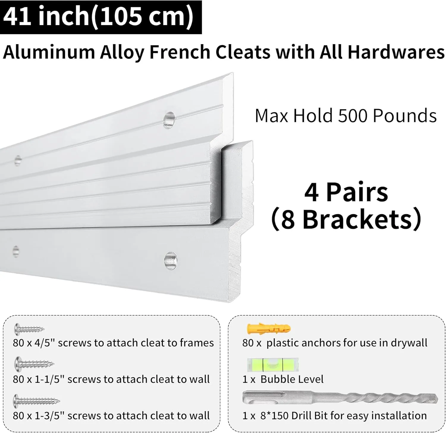 French Cleat Hanger Heavy Duty 41 inch - 4 Pairs Aluminum Alloy Z Bar Clips Picture Hanging Kit Mirror Mounting Hardware 500 lbs Load Interlocking Wall Brackets Frame Hanger