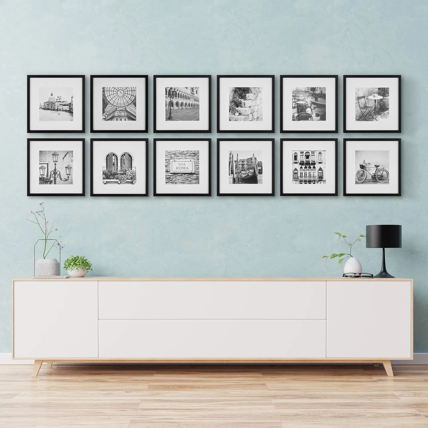 GALLERY PERFECT 12pc 12 x 12 Black Frame Kit, Matted To 7.5 x 7.5