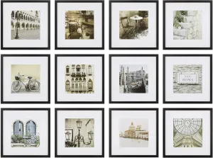 GALLERY PERFECT 12pc 12 x 12 Black Frame Kit, Matted To 7.5 x 7.5