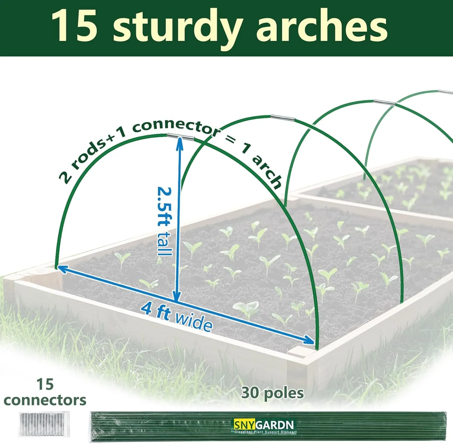 Garden Greenhouse Hoops Kit 15 Sets -2-Section Design, 8ft Grow Tunnels Poles Plant Raised Beds, 30 Pcs 4ft Solid Fiberglass Support Stakes 15 Metal Connectors -Quick Assembly No Loose Parts (Green)
