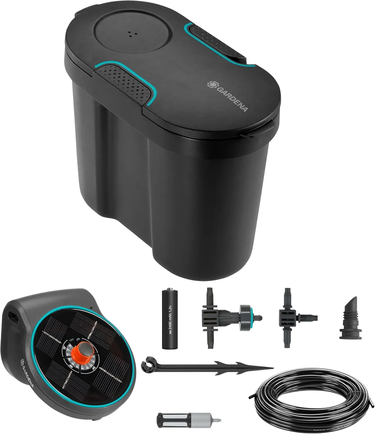 GARDENA (13301) Solar-Powered AquaBloom Irrigation Set with Water Tank: Solar-Powered Irrigation Set to Water up to 20 Potted Plants, Control w/ 14 Irrigation Programs