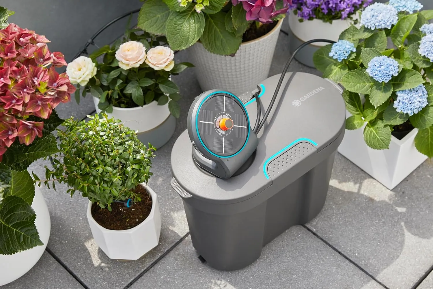 GARDENA (13301) Solar-Powered AquaBloom Irrigation Set with Water Tank: Solar-Powered Irrigation Set to Water up to 20 Potted Plants, Control w/ 14 Irrigation Programs