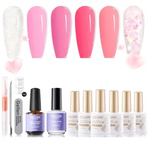 Gellen Gel Polish Remover Kit - Gel Nail Polish Remover Latex Tape Peel Off Liquid and Manicure Tools with 6 Colors Pink Gel Nail Polish Set
