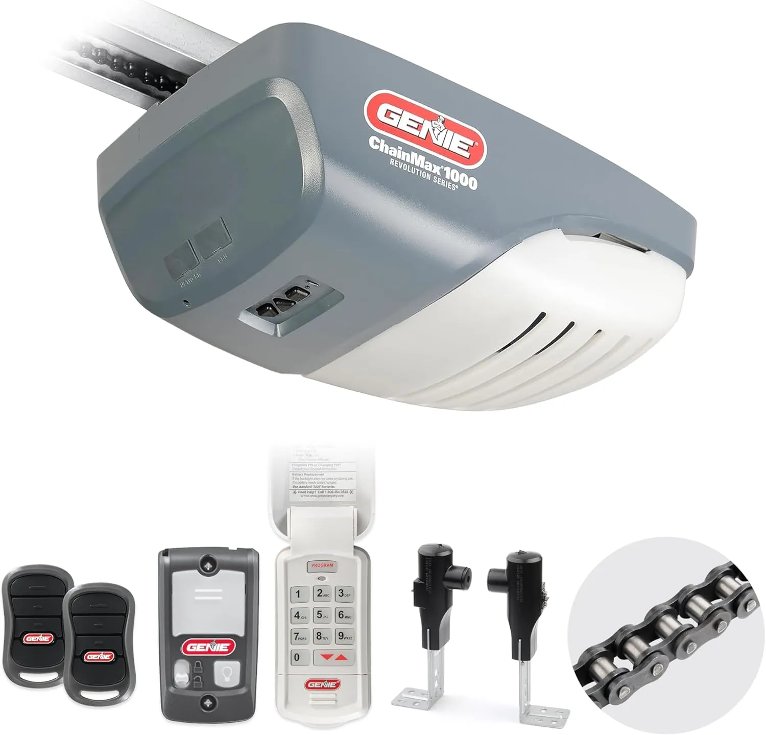 Genie ChainMax 1000 Garage Door Opener - Durable Chain Drive - Includes two 3-Button Pre-Programmed Remotes,Wall Console, Wireless Keypad, Safe-T-Beams - Model 3022-TKH, 140V DC Motor,Gray
