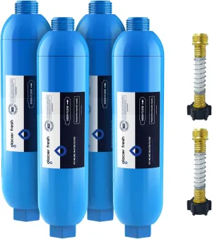 GLACIER FRESH RV/Marine Water Filter with 2 Flexible Hose Protector, Greatly Reduces Bad Taste, Odors, Chlorine and Sediment in Drinking Water, 4 Pack