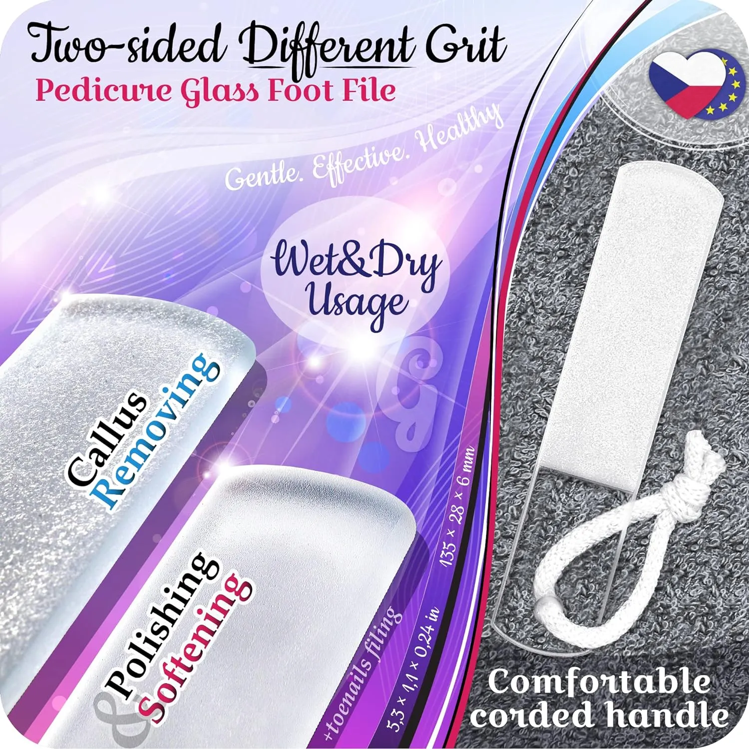 GLADZY Genuine Czech Glass Nail File Set - Callus Remover Foot Rasp, Double Sided Different Grit Surface, Professional Manicure and Pedicure Tools for Natural Nails, Nail Shaper, Ethically Made in EU
