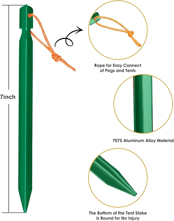 Grassman 12 Pack Tent Stakes, 7075 Aluminium Tent pegs, Heavy Duty Lightweight Ground Pegs, Durable and Safe Metal Camping Spikes, Green