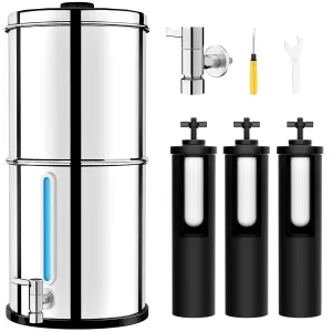 Gravity Water Filter System with 3 Stage 0.001μm Ultra-Filtration, 2.25G Stainless Steel Countertop Water Filtration System, Includes 3 Filters & Metal Spigot, Reduce 99.99% Chlorine - 2025 Upgraded