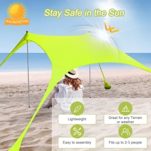 Green Beach Tent Sun Shelter 6.56 x 5.25ft Portable Pop Up UV Protection Tent for 2-3 People Sun Shade with Sandbags & Carry Bag, Easy Setup for Camping, Picnics, Beach Outings