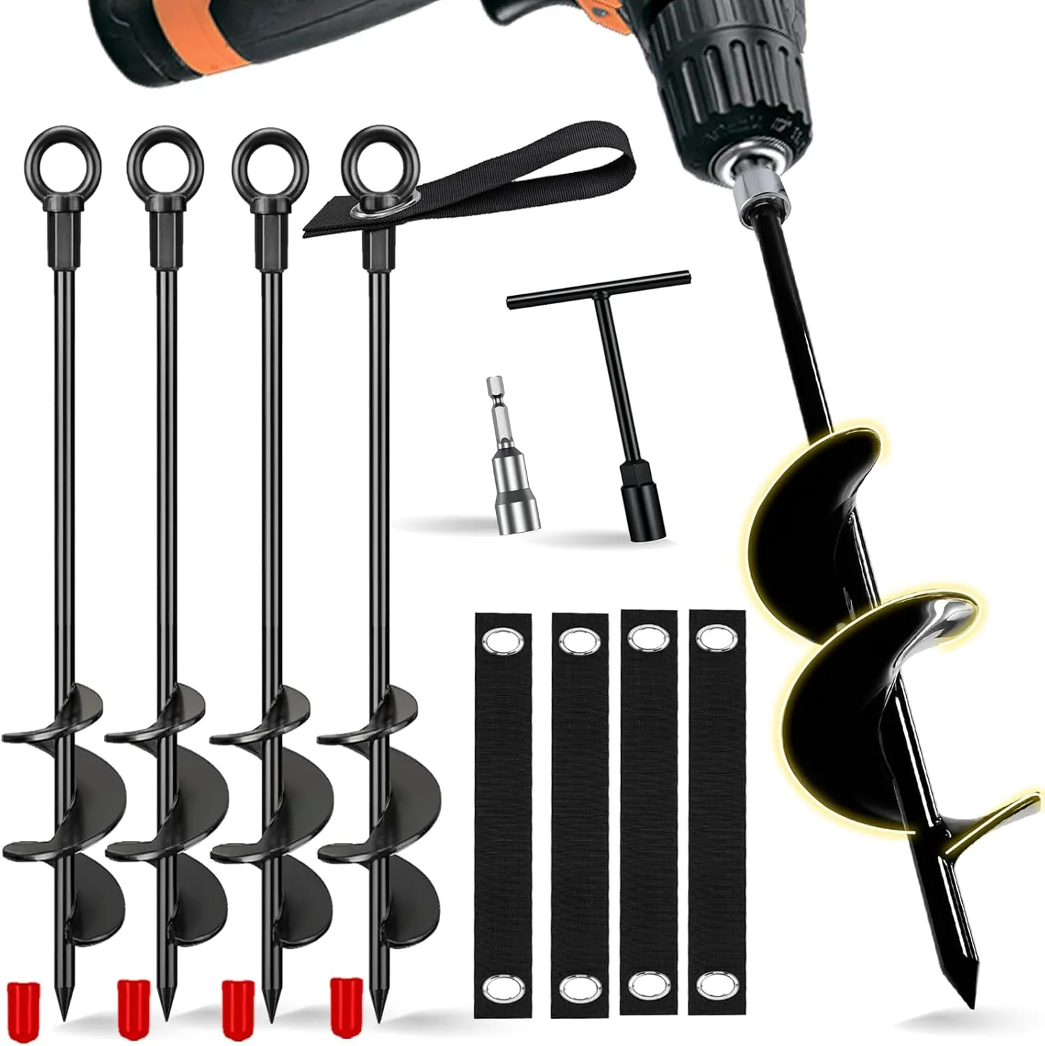 Ground Anchors Screw in, 4 Pack Spiral Trampoline Anchors with Nut and Tool Swing Set Anchors Tent Stakes High Wind Heavy Duty Earth Anchors for Sheds Canopies Carports Mobile Home