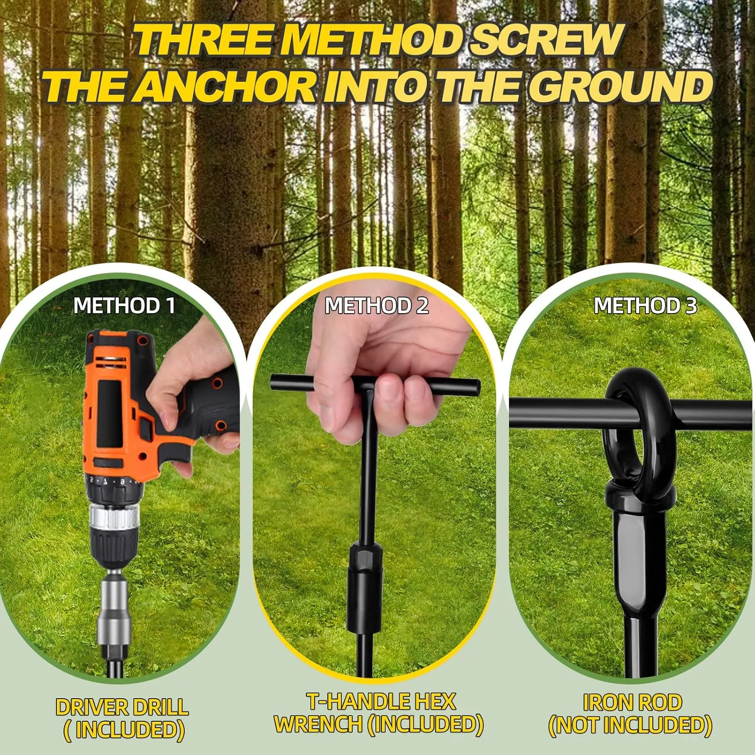 Ground Anchors Screw in, 4 Pack Spiral Trampoline Anchors with Nut and Tool Swing Set Anchors Tent Stakes High Wind Heavy Duty Earth Anchors for Sheds Canopies Carports Mobile Home