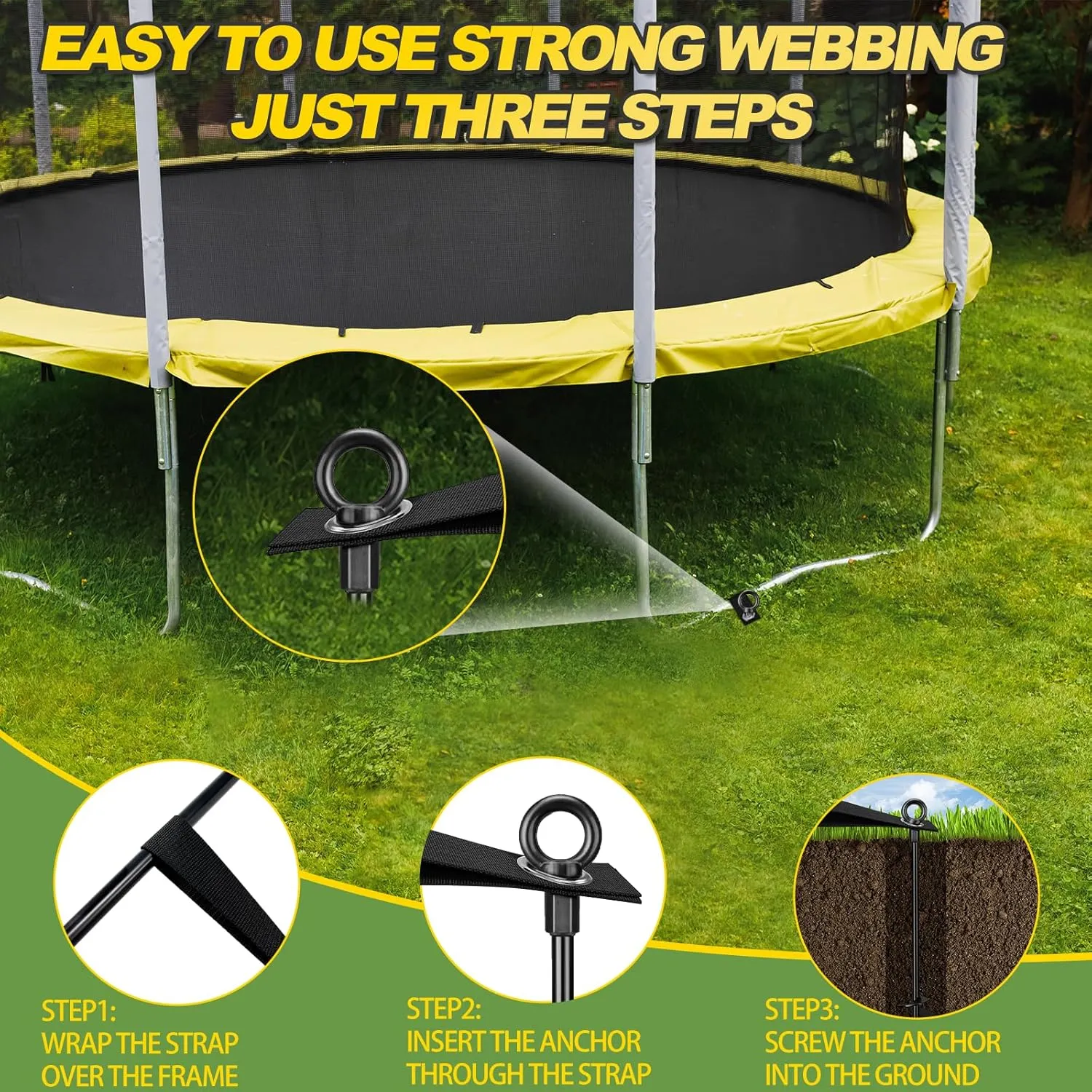 Ground Anchors Screw in, 4 Pack Spiral Trampoline Anchors with Nut and Tool Swing Set Anchors Tent Stakes High Wind Heavy Duty Earth Anchors for Sheds Canopies Carports Mobile Home