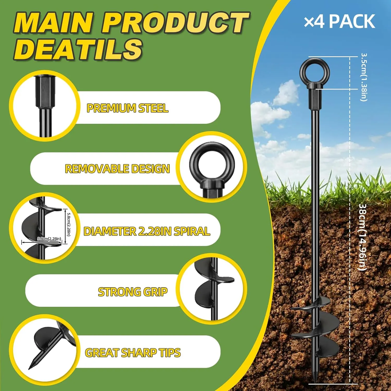 Ground Anchors Screw in, 4 Pack Spiral Trampoline Anchors with Nut and Tool Swing Set Anchors Tent Stakes High Wind Heavy Duty Earth Anchors for Sheds Canopies Carports Mobile Home