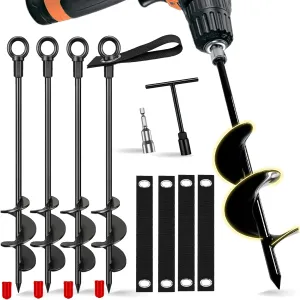 Ground Anchors Screw in, 4 Pack Spiral Trampoline Anchors with Nut and Tool Swing Set Anchors Tent Stakes High Wind Heavy Duty Earth Anchors for Sheds Canopies Carports Mobile Home