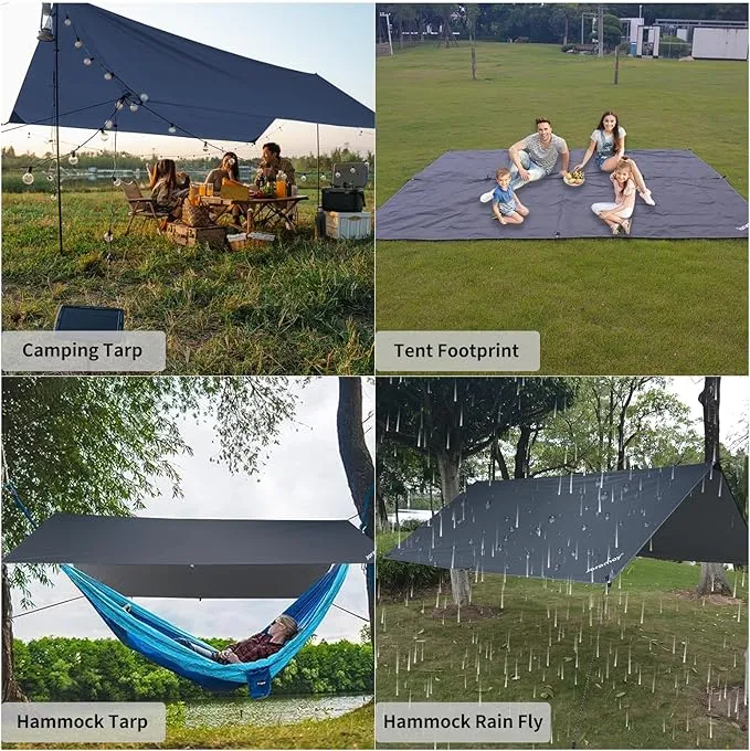 Hammock Rain Fly 10×10FT - Waterproof Camping Tarp Lightweight Tent Tarp Portable Backpacking Tarp Sheleter with UV Protection Layer for Camping Hiking Outdoor(Gray)