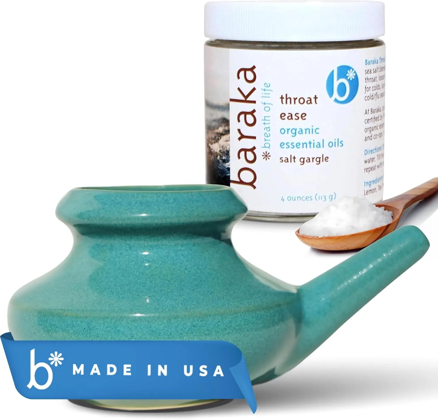 Handcrafted Ceramic Neti Pot & Infused Sea Salt Bundle - Sinus Tool Kit for Home - Durable, Food Grade, Dishwasher Safe, 10oz Ceramic Pot & 4oz Essential Oil Infused Neti Salt - (Jade)