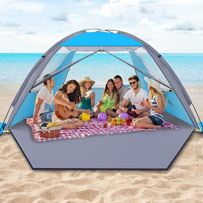 Happy Travel Beach Tent, UPF 50  UV Protection Sun Shade Shelter for 3/4/5/6/7/8 Person, Portable Beach Canopy for Family & Baby, Lightweight & Easy Setup Beach Cabana with 3 Ventilation Mesh Windows