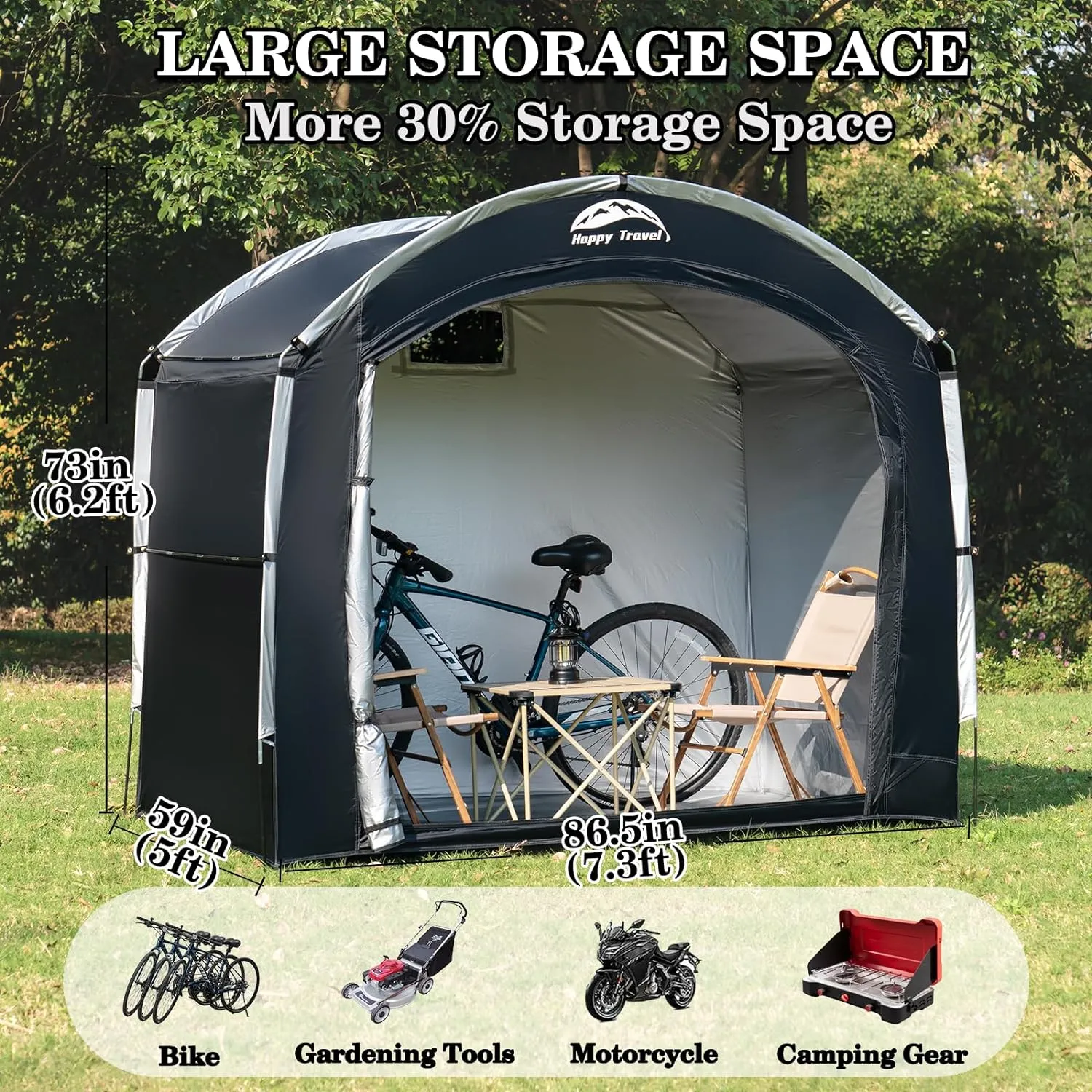 Happy Travel Bike Storage Shed Tent,Outdoor Portable Bicycle Storage Sheds with 210D Oxford Fabric PU4000 Waterproof for 2/3/4/6/8 Bikes,Bike Covers Shelter for Motorcycle,Garden Tools,Toys,Lawn Mower