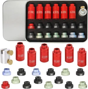 Headspace & Gauge Comparator Kit | 14 Color-Coded Reloading Inserts & 6 Bushings | Precision .17-.45 Caliber Anodized Aluminum Reloading Kit in Organized Tin Case