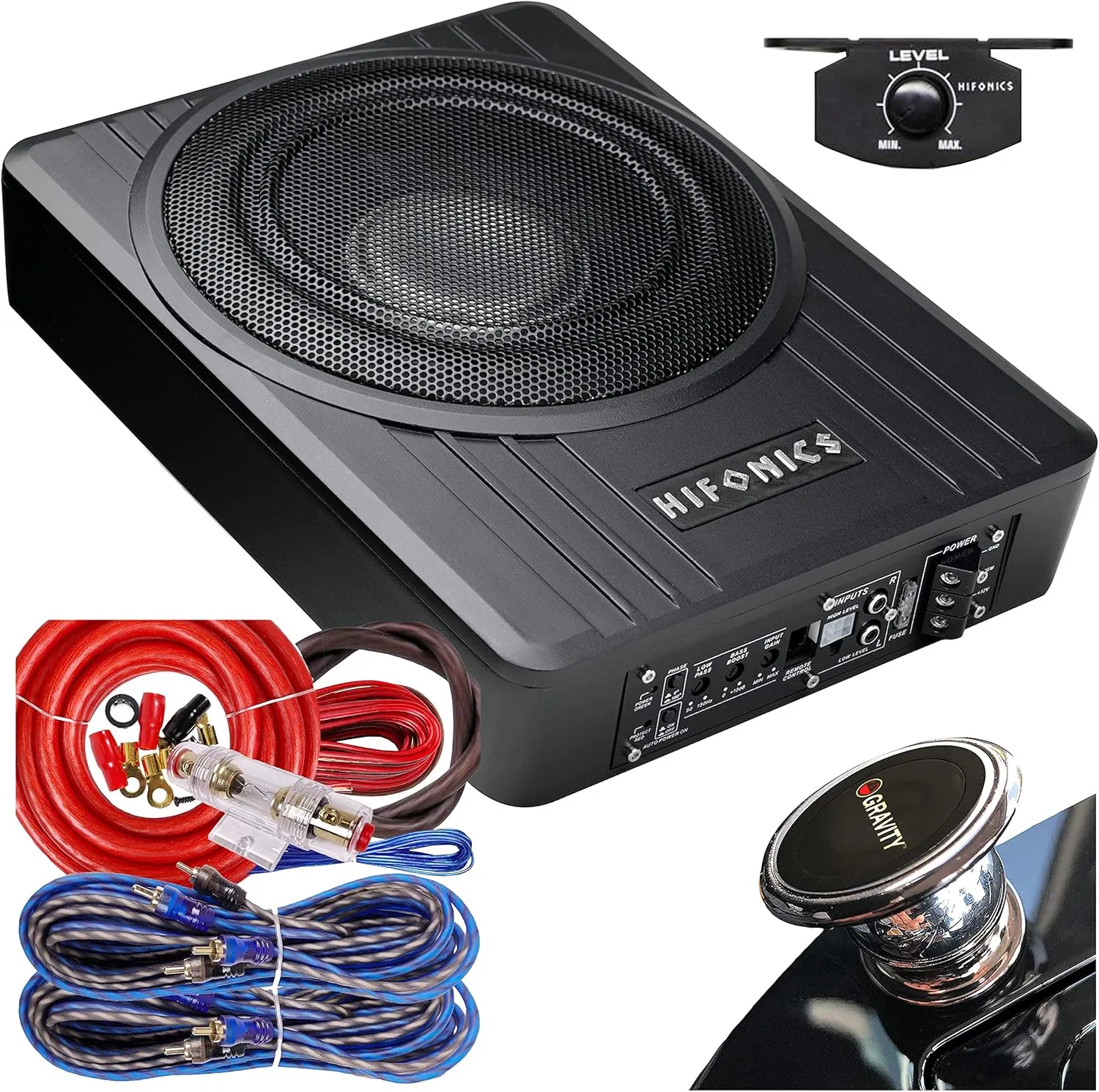 Hifonics Brutus BW-110A - 800 Watts Compact Amplified Under The Seat Car Truck Subwoofer Low Profile with Bass Remote and 4 Gauge Red Kit and Gravity Magnet Phone Holder Bundle, Black, (BW-110A 4GR)