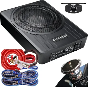 Hifonics Brutus BW-110A - 800 Watts Compact Amplified Under The Seat Car Truck Subwoofer Low Profile with Bass Remote and 4 Gauge Red Kit and Gravity Magnet Phone Holder Bundle, Black, (BW-110A 4GR)