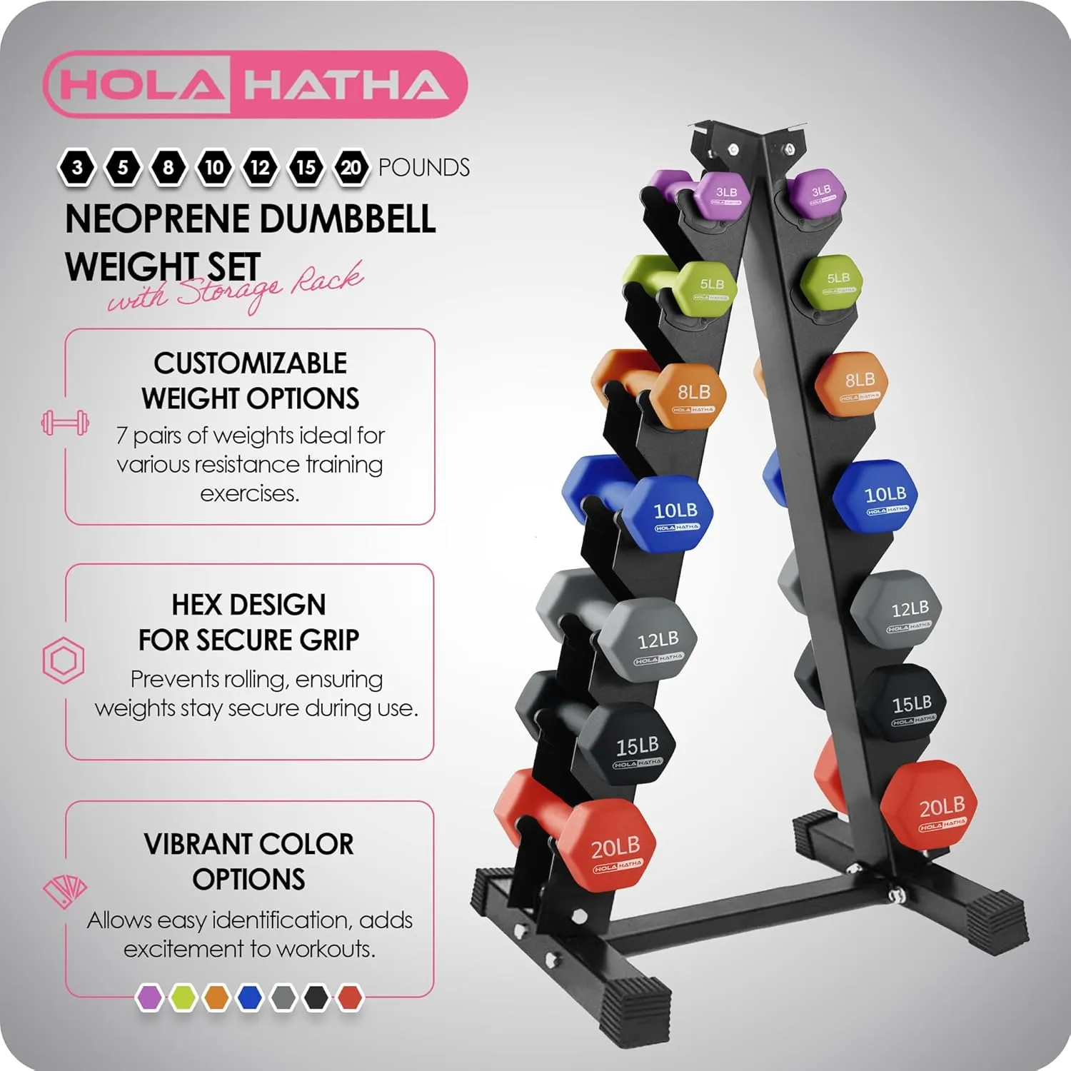HolaHatha Neoprene Dumbbell Free Hand Weight Set with Rack, Ideal for Home Exercises to Gain Tone and Definition