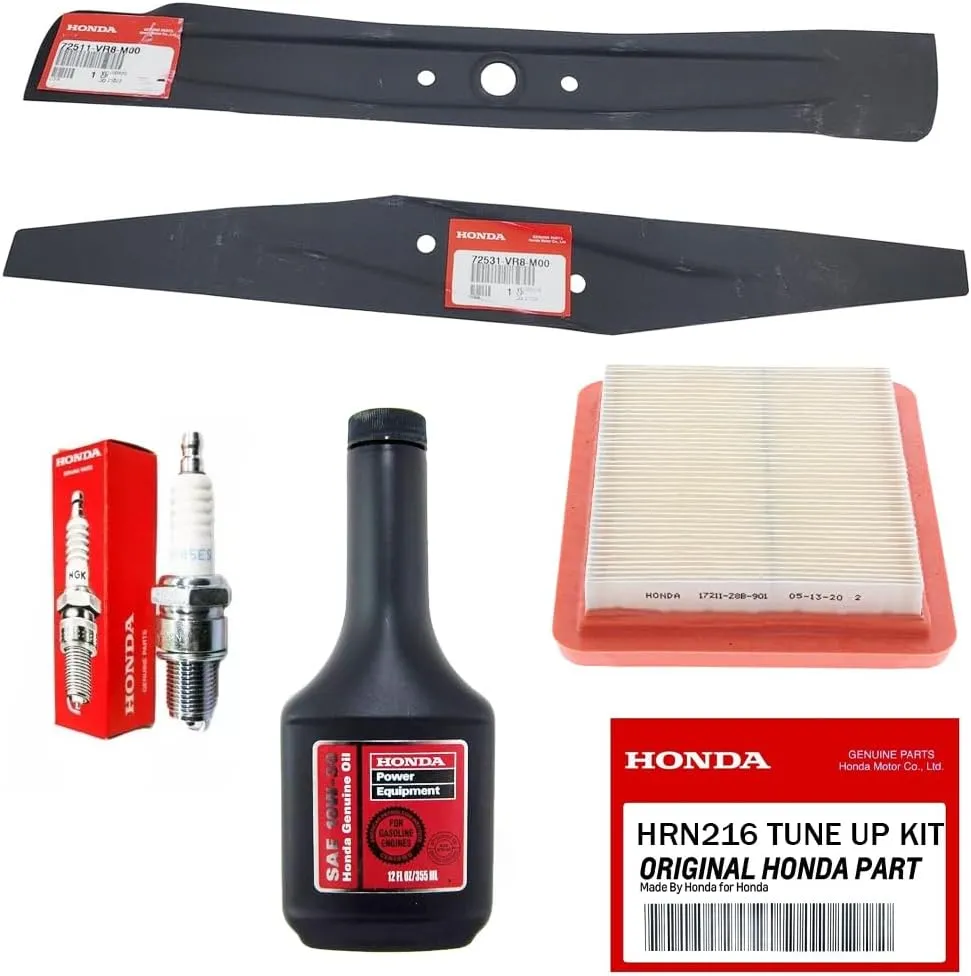 Honda HRN216 Lawn Mower Tune Up Kit - Includes 17211-Z8B-901 Air Filter, 98079-55846 Spark Plug, 08213-10W30 12oz Bottle of 10W-30 Oil, 72531-VR8-M00 Lower Blade and 72511-VR8-M00 Upper Blade
