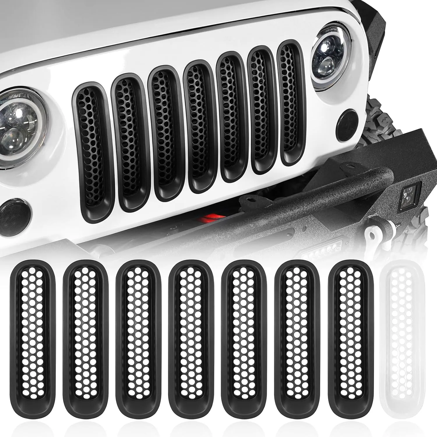 Hooke Road Matte Black Grill Inserts Front Mesh Grille Cover for 2007-2015 Jeep JK Wrangler & Unlimited Wrangler Accessories (7PCS Black   1PCS White)