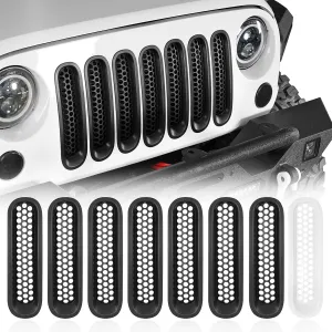 Hooke Road Matte Black Grill Inserts Front Mesh Grille Cover for 2007-2015 Jeep JK Wrangler & Unlimited Wrangler Accessories (7PCS Black   1PCS White)