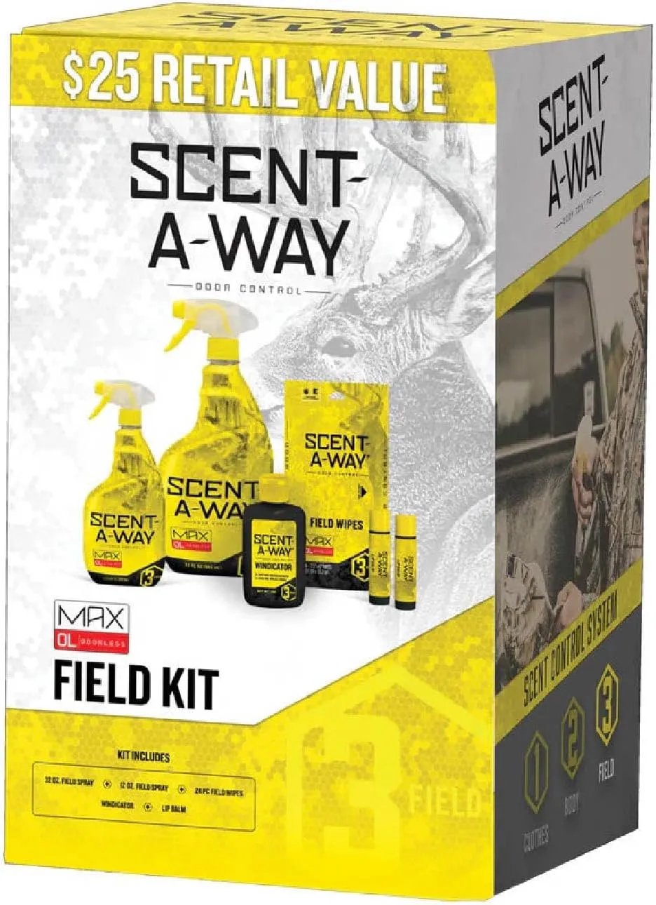 Hunters Specialties Saw Max Odorless Field Kit - 32 Oz Field Spray, 12 Oz Field Spray, 24 Pack Field Wipes, 2 Pack Lip Balm, Windicator