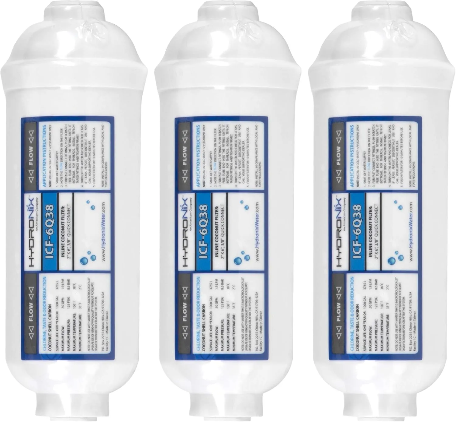 Hydronix HX-ICF-6Q38/3 Inline Post Reverse Osmosis, Fridge & Ice Coconut Gac Water Filter 2 x 6, 1000 Gal, 3/8 inch Qc - 3 Pack, White