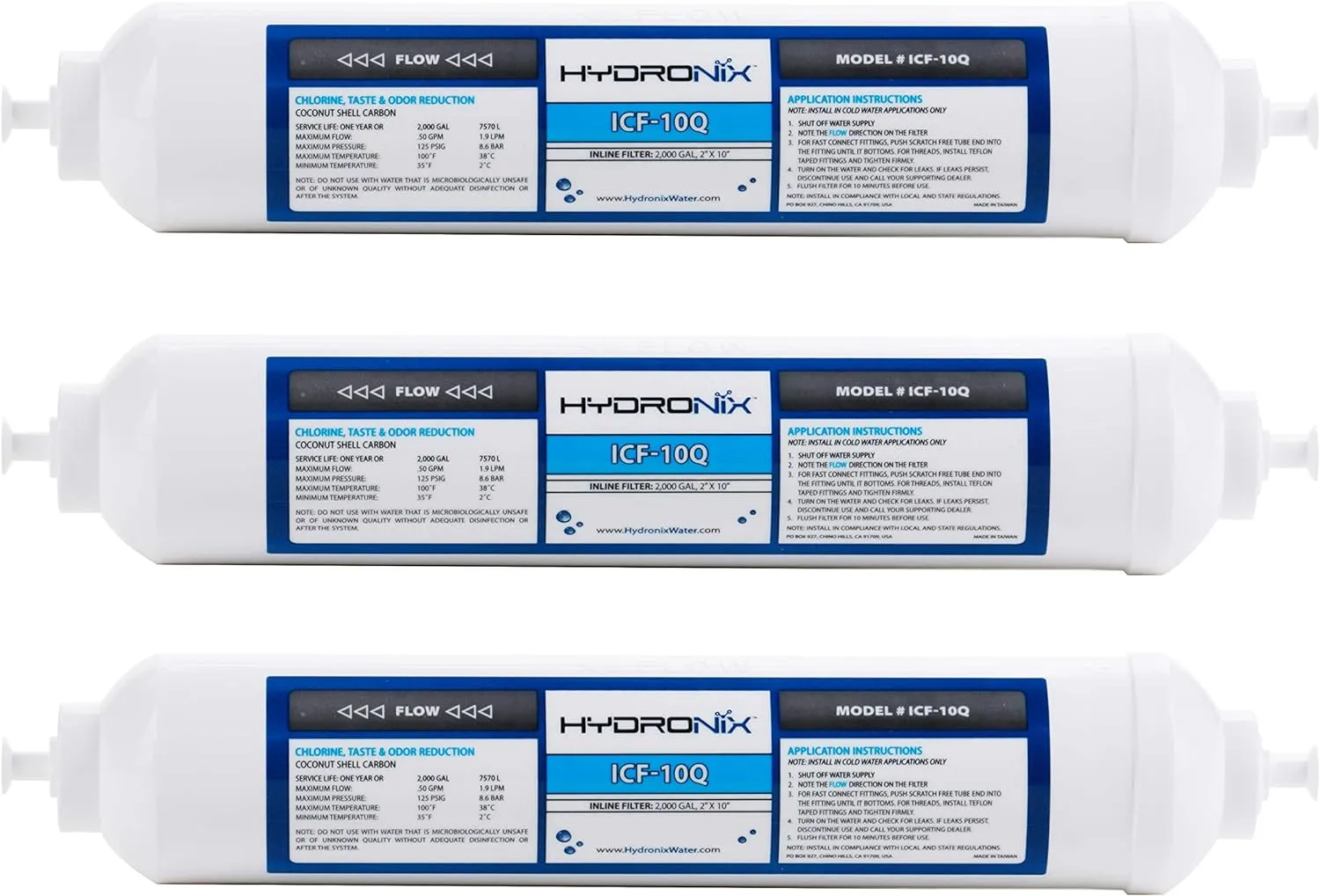 Hydronix ICF-10Q/3 Inline Post Activated Carbon Water Filter Replacement Cartridge with 1/4-Inch Quick Connect for Refrigerator, Ice Maker, RO Reverse Osmosis System, 2000 Gallons (3 Pack)