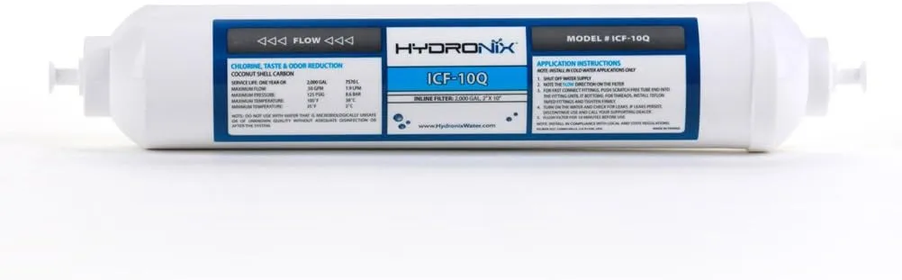 Hydronix ICF-10Q/3 Inline Post Activated Carbon Water Filter Replacement Cartridge with 1/4-Inch Quick Connect for Refrigerator, Ice Maker, RO Reverse Osmosis System, 2000 Gallons (3 Pack)