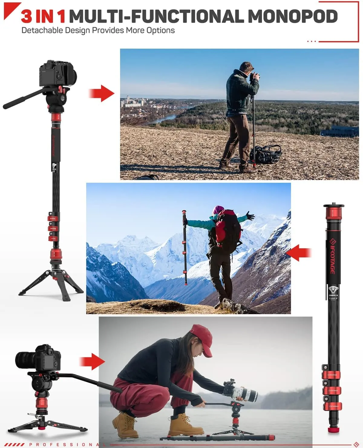 IFOOTAGE Cobra 3 Carbon Fiber Monopod with Pedal, 71" Professional Mono pod for Cameras, Portable Travel Mono Pod with Feet, Max Load 17.64 lbs, Compatible with Sony Canon Nikon DSLR Camera, C180F-P