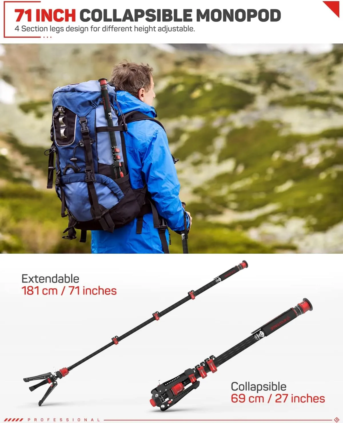 IFOOTAGE Cobra 3 Carbon Fiber Monopod with Pedal, 71" Professional Mono pod for Cameras, Portable Travel Mono Pod with Feet, Max Load 17.64 lbs, Compatible with Sony Canon Nikon DSLR Camera, C180F-P