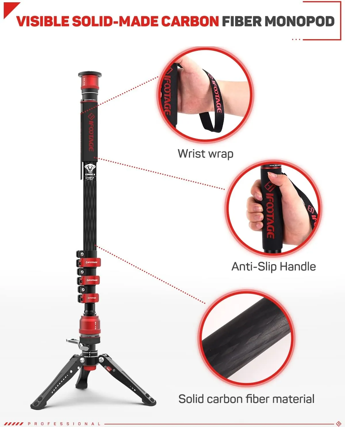 IFOOTAGE Cobra 3 Carbon Fiber Monopod with Pedal, 71" Professional Mono pod for Cameras, Portable Travel Mono Pod with Feet, Max Load 17.64 lbs, Compatible with Sony Canon Nikon DSLR Camera, C180F-P