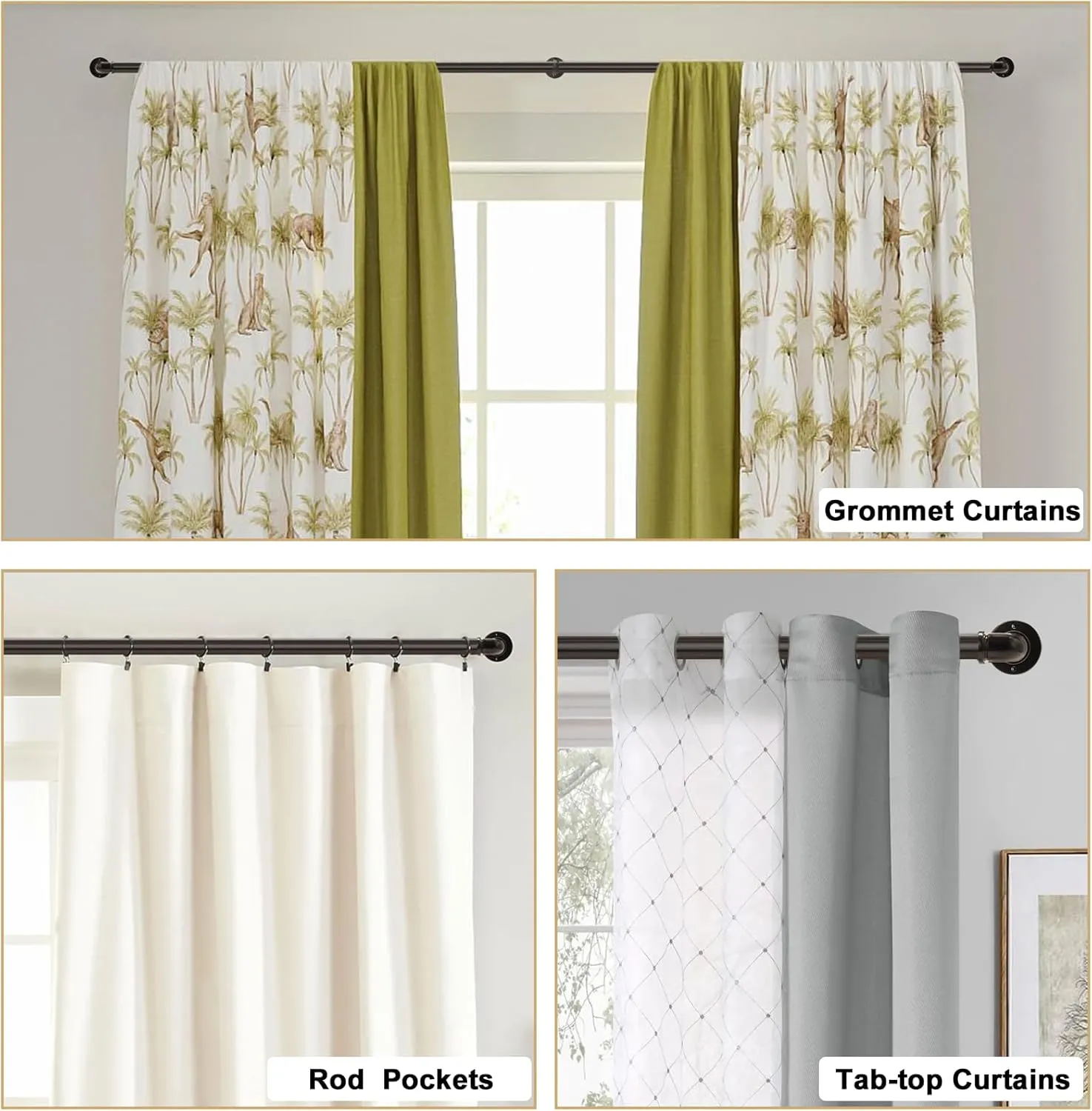 Industrial Curtain Rods for Windows 18 to 88 Inch, 1 Inch Blackout Wrap Around Drapery Rods, Adjustable Farmhouse Curtain Pole, Wall or Ceiling Mounted, for Living Room, Antique Bronze