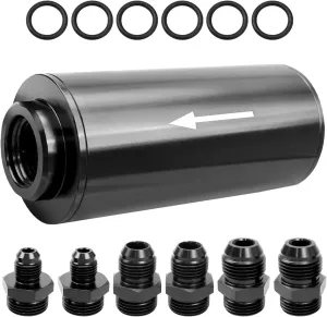 Inline Fuel Filter 10 Micron with 6AN 8AN 10AN Adapter, Universal Cleanable Oil Fuel Filter Kit 50MM Aluminum, Black