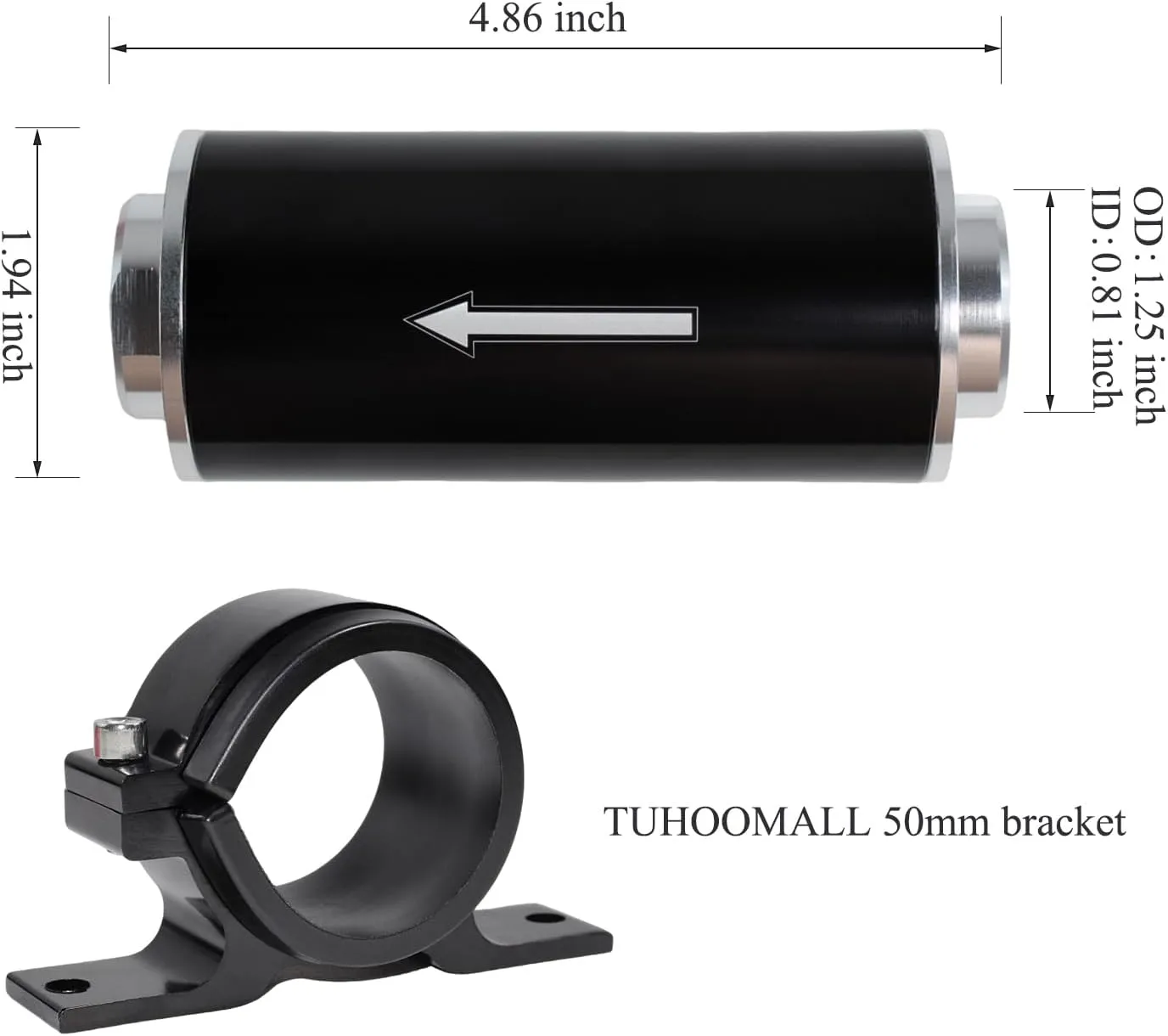 Inline Fuel Filter 100 Micron with 6AN 8AN 10AN Fuel Filter Adapter Universal 50MM, 1 set Inline fuel filter Black