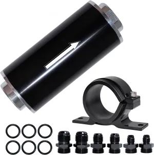 Inline Fuel Filter 100 Micron with 6AN 8AN 10AN Fuel Filter Adapter Universal 50MM, 1 set Inline fuel filter Black