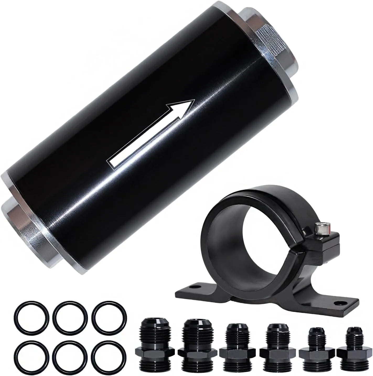 Inline Fuel Filter 100 Micron with 6AN 8AN 10AN Fuel Filter Adapter Universal 50MM, 1 set Inline fuel filter Black