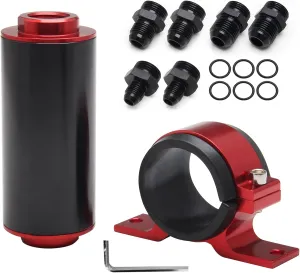 Inline Fuel Filter Kit 6AN 8AN 10AN Adapters 50mm 100 Micron with Fuel Pump Filter Bracket, for Gasoline E85 Ethanol Fuel and Diesel for 3/8, 1/2, 5/8 Fuel Hose Line Universal Red