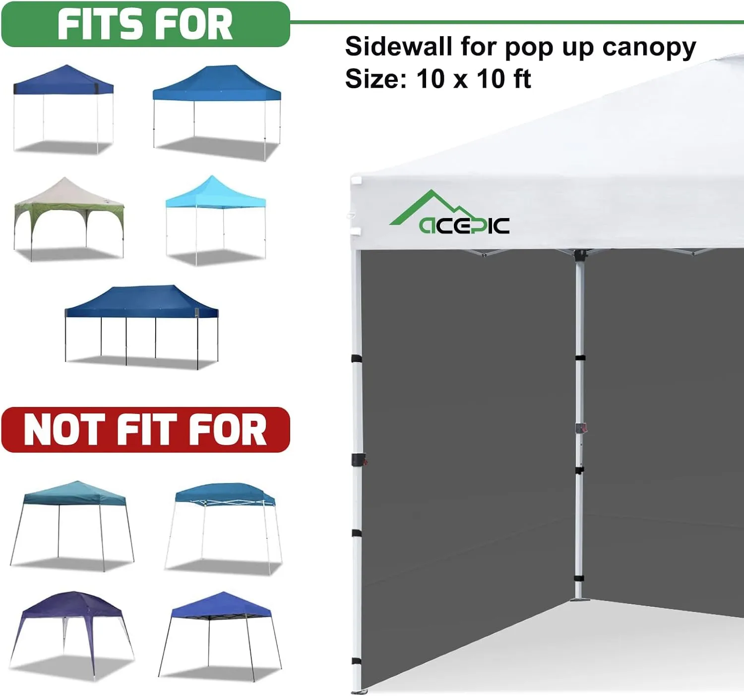 Instant Canopy Tent SideWalls for 10x10 FT Pop Up Canopy, 210D Polyester Waterproof, Grey(1PCS Sidewall Only, Canopy Tent NOT Included)
