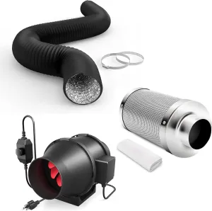iPower Grow Tent Ventilation System, 4 Inch 200 CFM Inline Duct Fan with Speed Controller, 4" Silver Filter and 8Ft Black Ducting for Grow Tents, Black