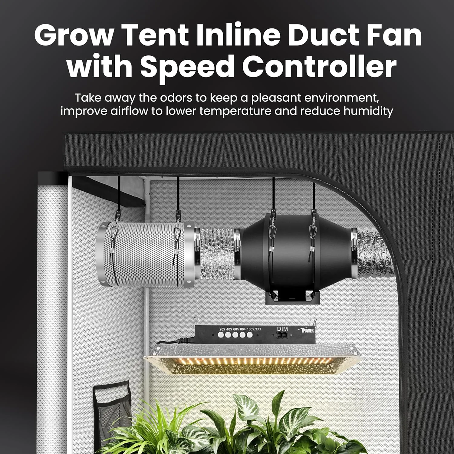 iPower Grow Tent Ventilation System, 4 Inch 200 CFM Inline Duct Fan with Speed Controller, 4" Silver Filter and 8Ft Black Ducting for Grow Tents, Black