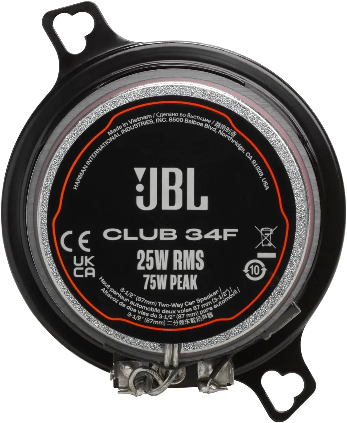 JBL Club 34F - 3-1/2" (87mm) Two-Way Car Speaker, 75 Watts Peak, 25 Watts RMS, Sensitivity (@ 2.83V): 89dB, Frequency Response: 90Hz – 20kHz, Nominal Impedance: 3.0 ohms