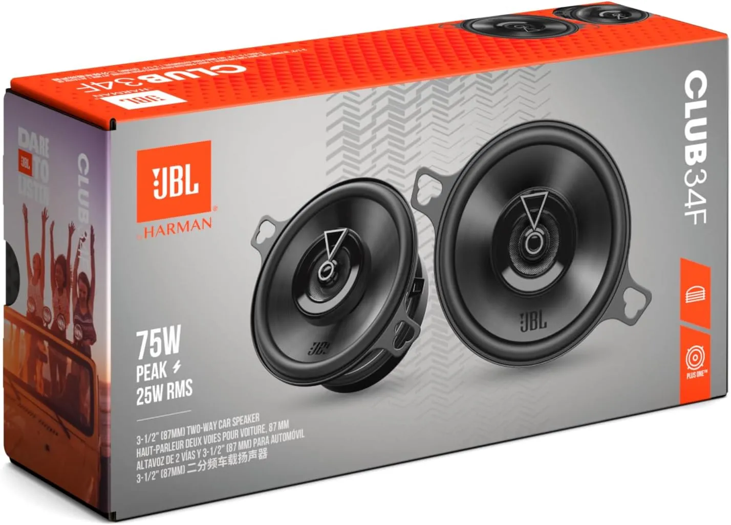 JBL Club 34F - 3-1/2" (87mm) Two-Way Car Speaker, 75 Watts Peak, 25 Watts RMS, Sensitivity (@ 2.83V): 89dB, Frequency Response: 90Hz – 20kHz, Nominal Impedance: 3.0 ohms