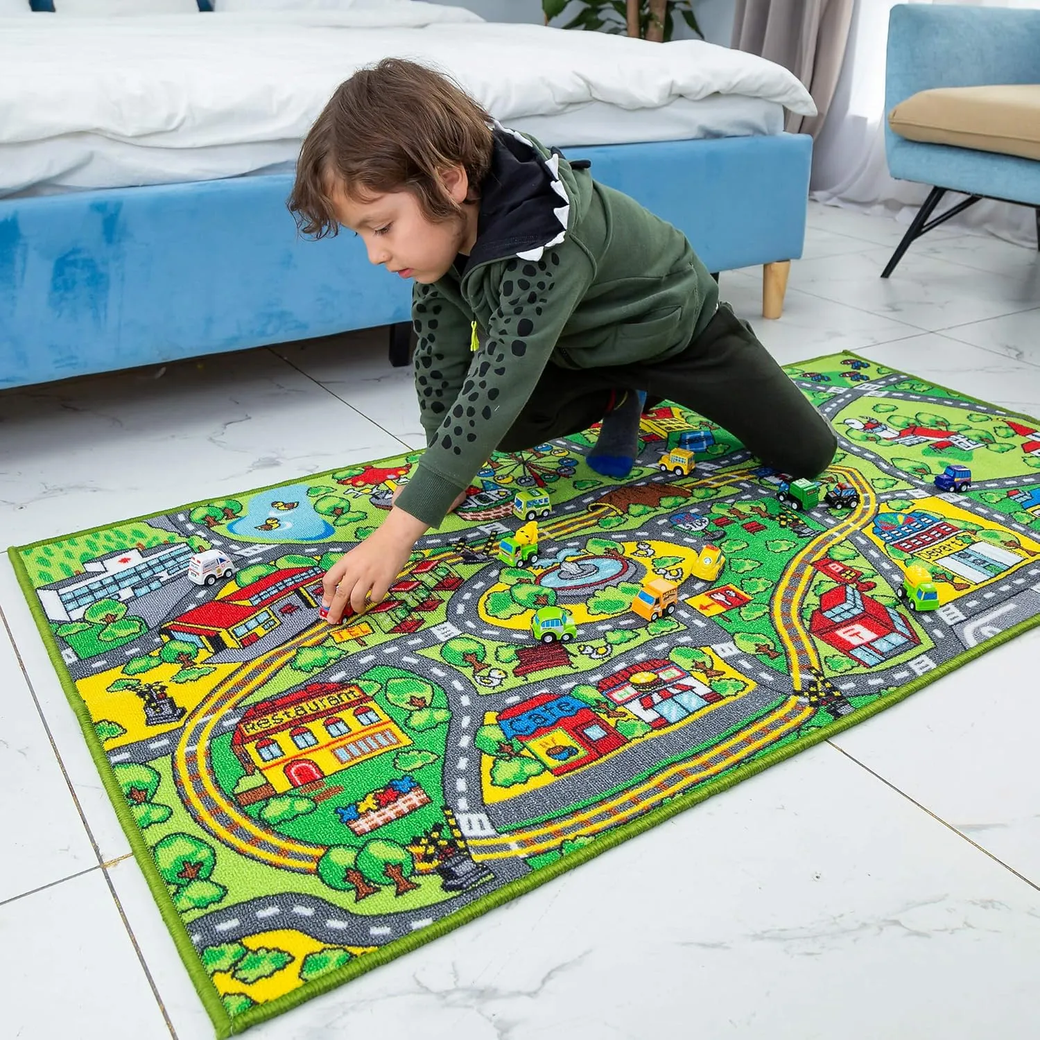 JOYIN Carpet Playmat w/ 12 Cars Pull-Back Vehicle Set for Kids Age 3 , Jumbo Play Room Rug, City Pretend Play Multiple Color