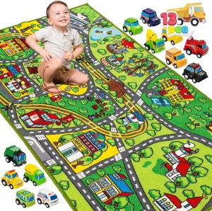 JOYIN Carpet Playmat w/ 12 Cars Pull-Back Vehicle Set for Kids Age 3 , Jumbo Play Room Rug, City Pretend Play Multiple Color